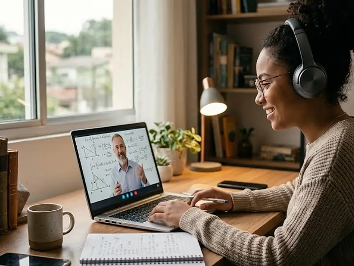 Jovem em aula online, com o professor na tela do notebook