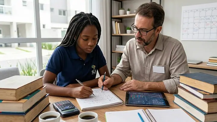 Estudante e professor estudando juntos à mesa